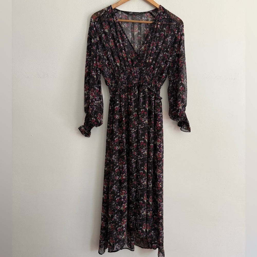 Zara Black Floral Chiffon Long Sleeve Maxi Dress – Size S